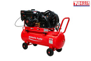 Belt drive petrol air compressor with 70L tank front angled view