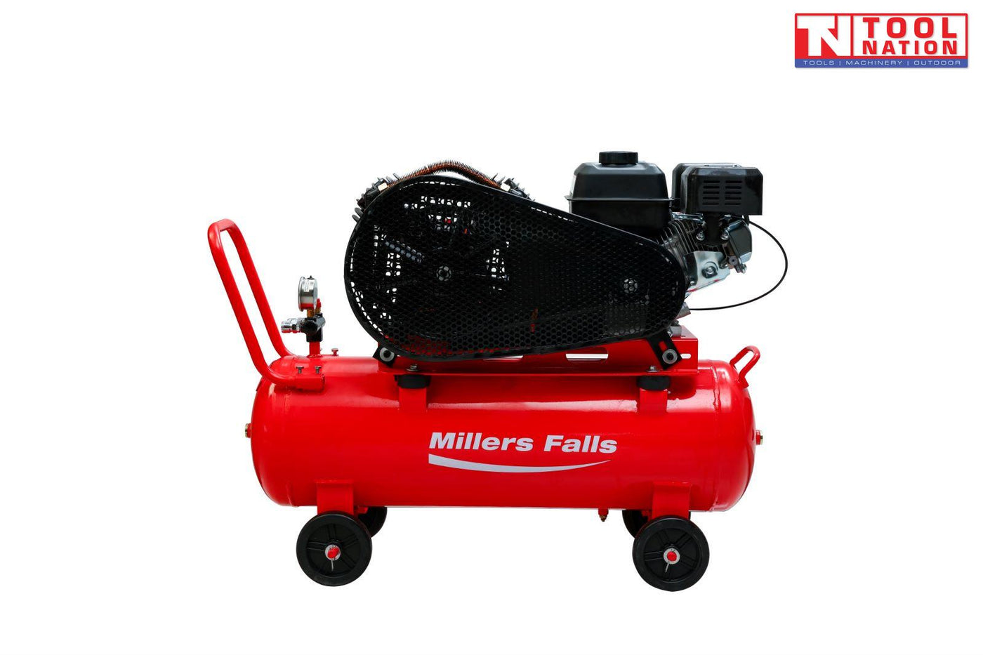 Belt drive petrol air compressor with 70L tank side view