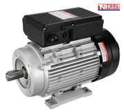 Front angled view of the ACBM3 electric motor showing the drive shaft, finned silver body, black end cover and top terminal box.