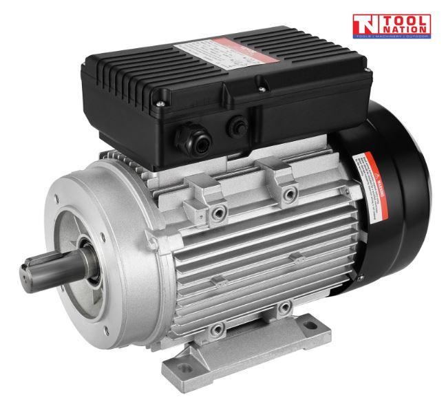 Front angled view of the ACBM3 electric motor showing the drive shaft, finned silver body, black end cover and top terminal box.