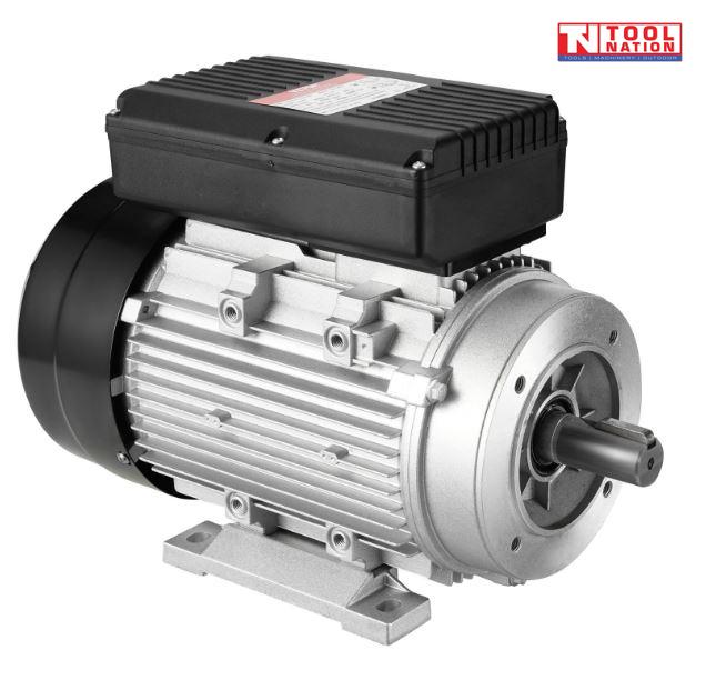 Rear angled view of the ACBM3 electric motor showing the drive shaft, finned silver body, black rear cover and top terminal box.