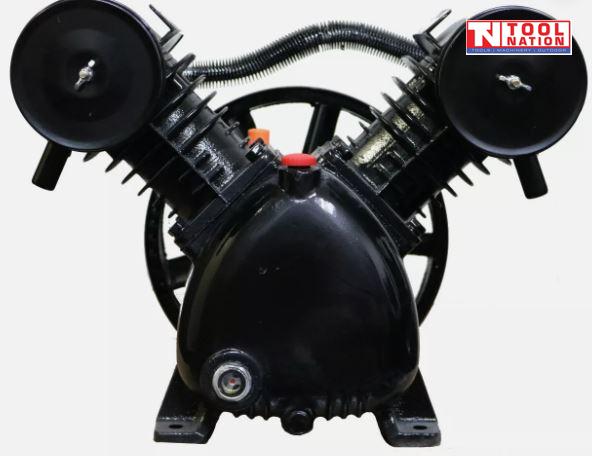Front view of the ACBPUMP2065 air compressor pump showing the twin-cylinder V configuration, black crankcase and rear flywheel.