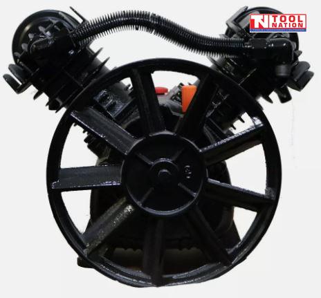 Front view of the ACBPUMP2065 air compressor pump centered on the large black flywheel with the twin-cylinder V configuration behind it.