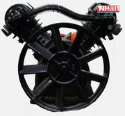 Front view of the ACBPUMP2065 air compressor pump centered on the large black flywheel with the twin-cylinder V configuration behind it.