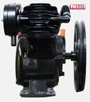 Side view of the ACBPUMP2065 air compressor pump showing one cylinder head, black crankcase and flywheel.