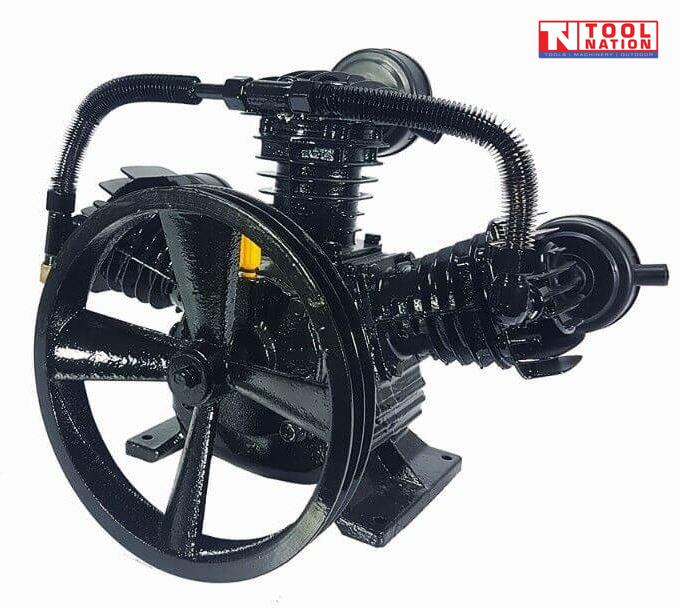 Front angled view of the ACBPUMP3065 air compressor pump showing the three-cylinder V configuration, black crankcase and large flywheel.