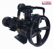 Rear angled view of the ACBPUMP3065 air compressor pump showing the three-cylinder V configuration, black crankcase and large flywheel.