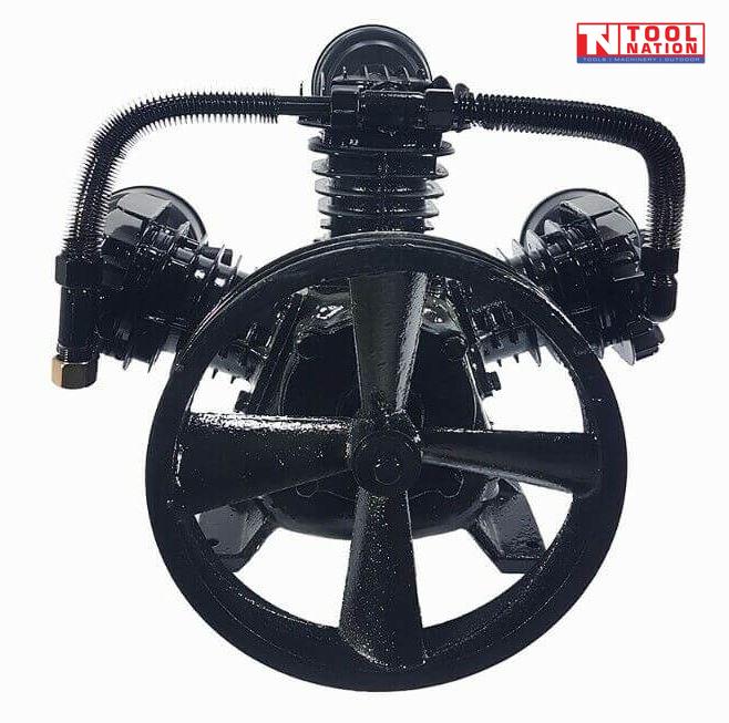 Front view of the ACBPUMP3065 air compressor pump showing the three-cylinder V configuration and large flywheel.