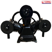 Front view of the ACBPUMP3090 air compressor pump showing the three-cylinder V configuration and three round intake filter housings.