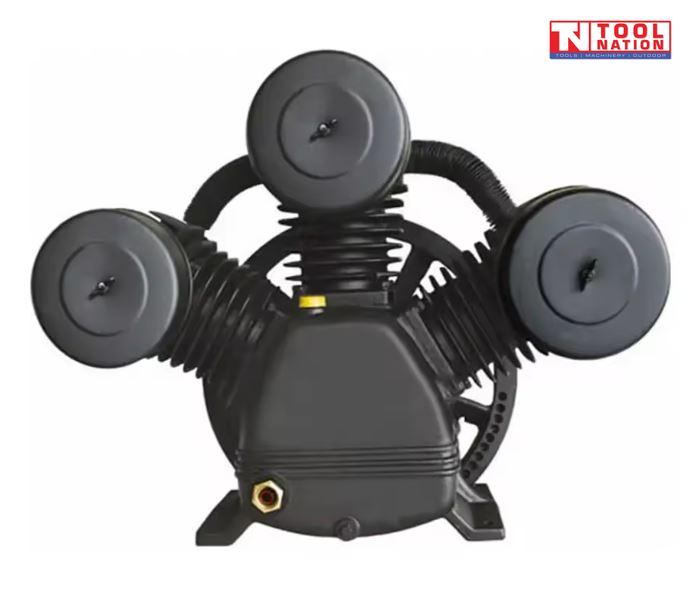 Rear view of the ACBPUMP3090 air compressor pump showing the three-cylinder V configuration, crankcase and flywheel edge.