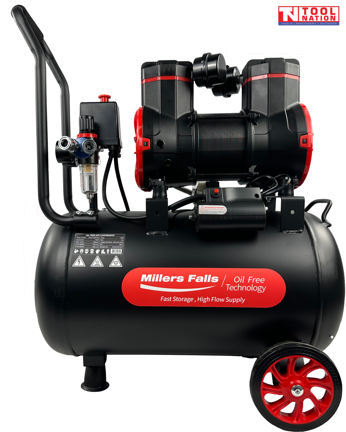 Oil-free air compressor with twin pump units, motor, pressure gauges, handle and wheels on a 35 litre tank.