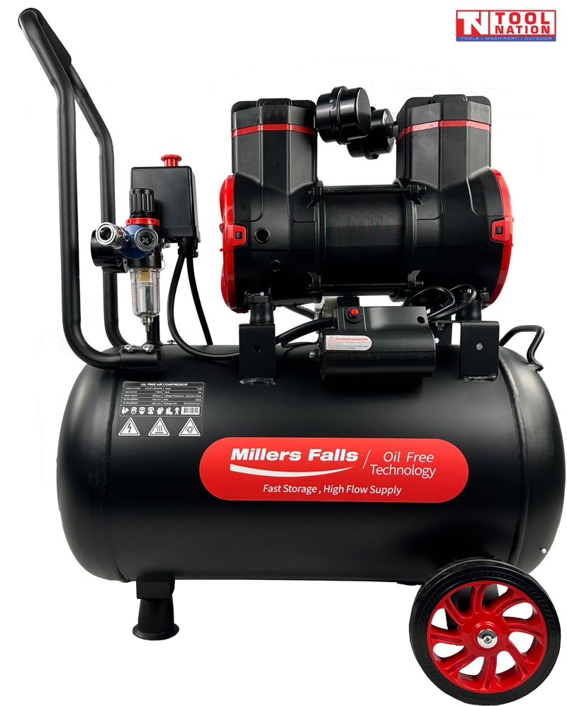 Oil-free air compressor with twin pump units, motor, pressure gauges, handle and wheels on a 35 litre tank.