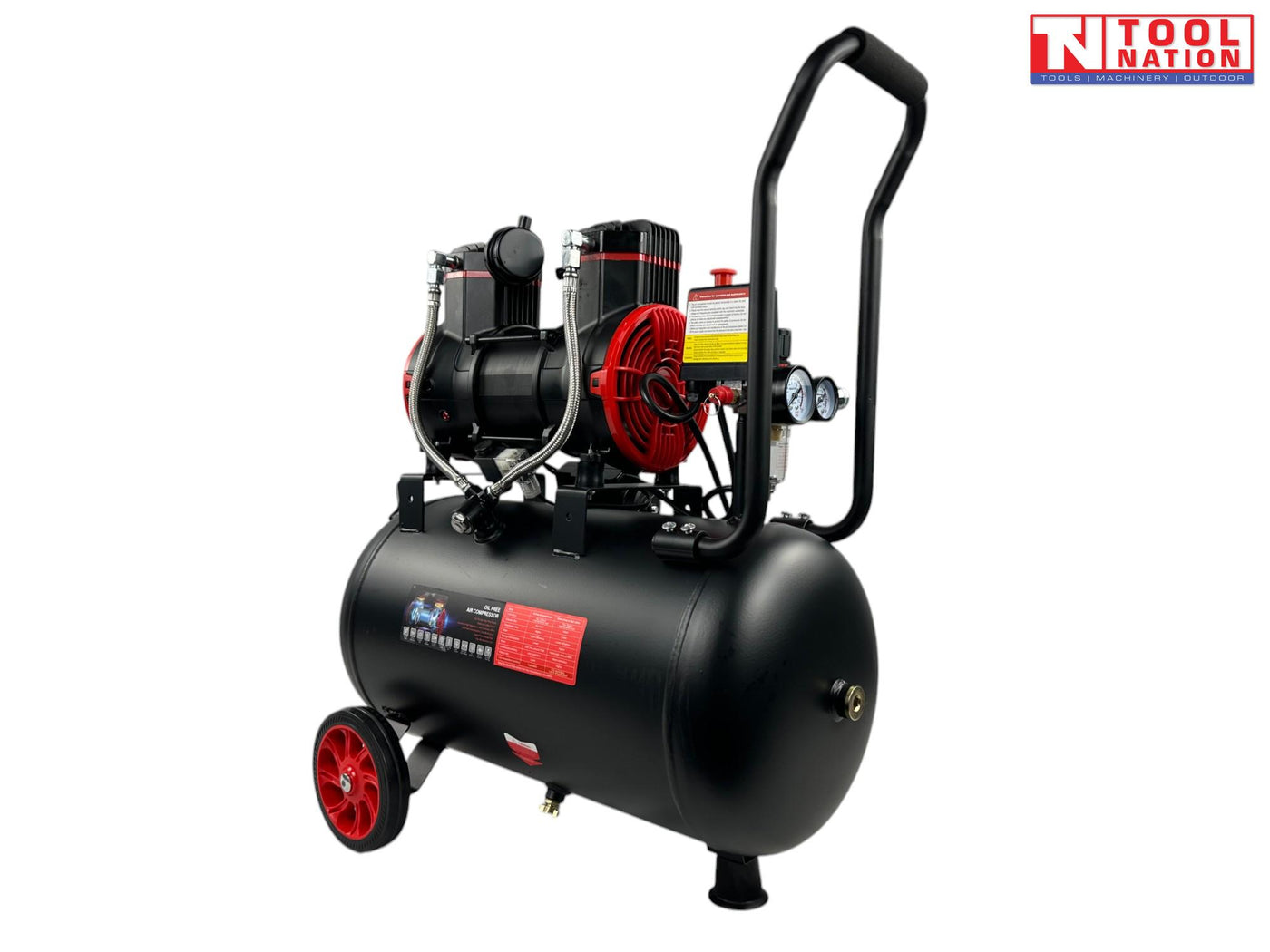 Close-up of the pressure gauge, regulator and outlet fittings on the oil-free air compressor.