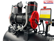 Close-up of the twin oil-free pump units and motor assembly on the air compressor.