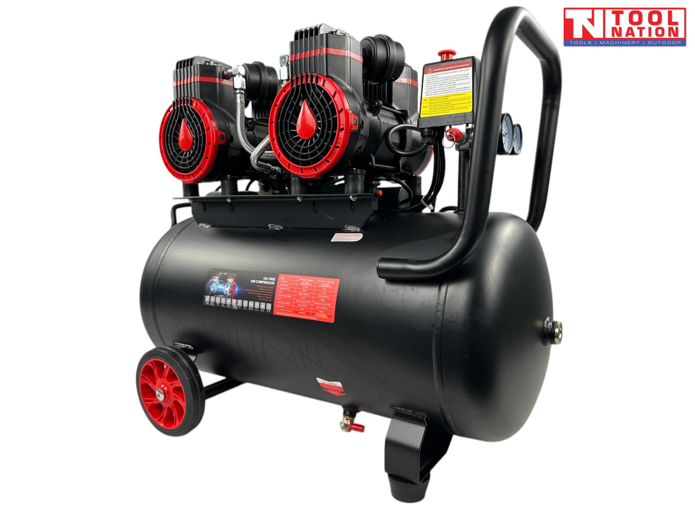 Rear angled view of the oil-free air compressor showing four pump units, dual gauges, handle, wheels and 50 litre tank.
