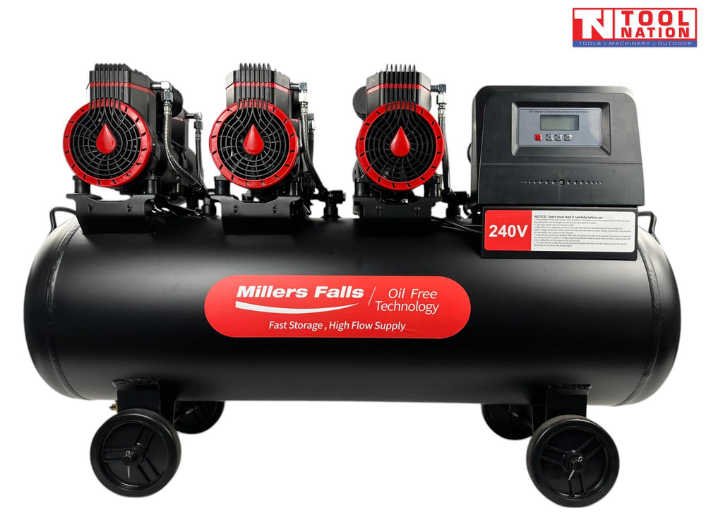 Oil-free air compressor with six pump units, three motors, dual pressure gauges, regulator, handle and wheels on a 100 litre tank.