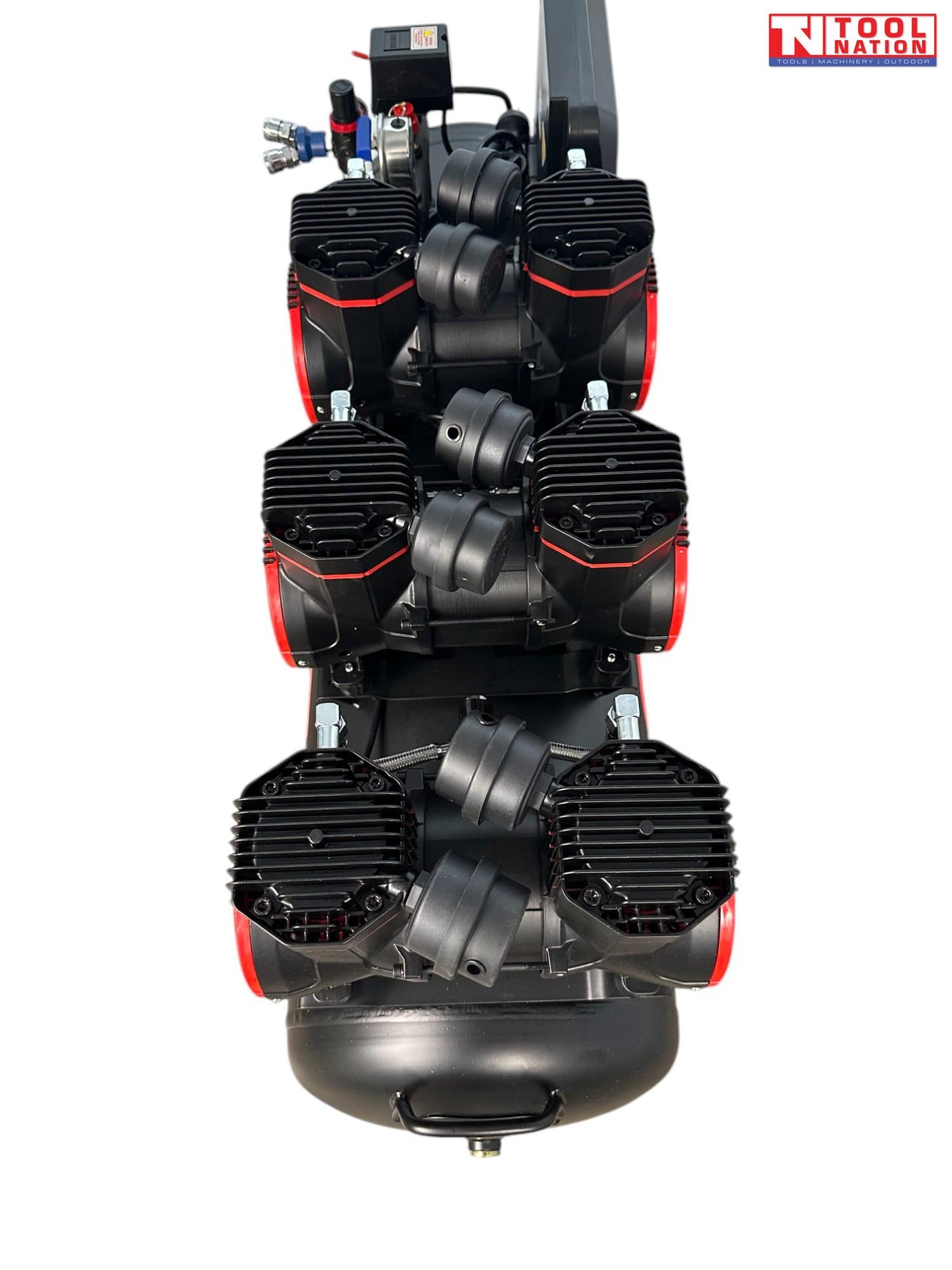 Rear angled view of the oil-free air compressor showing six pump units, three motors, handle, wheels and 100 litre tank.