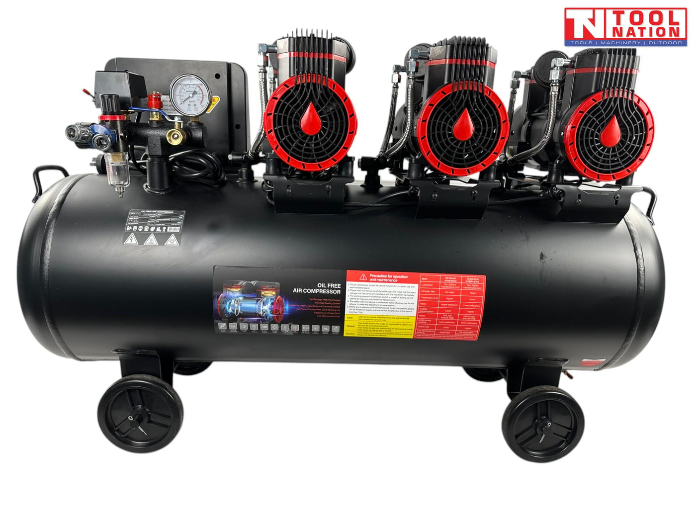 Close-up of the motor control switches and sockets mounted on the side of the air compressor tank.
