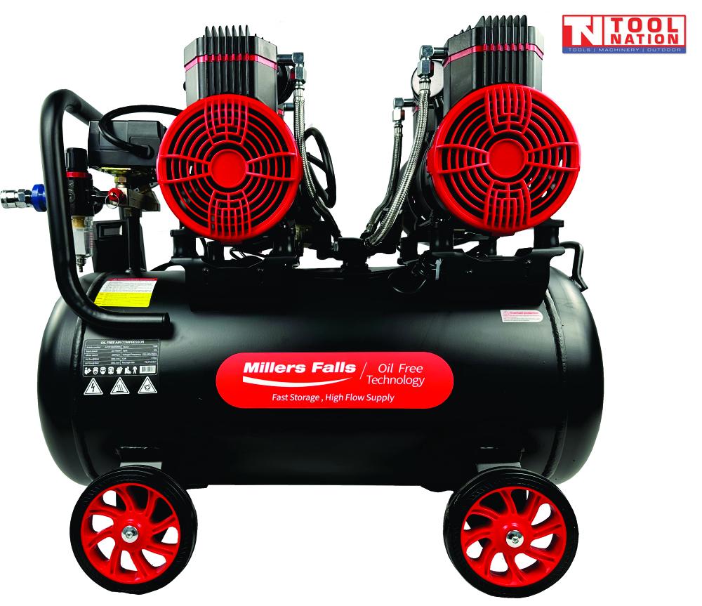 Oil-free air compressor with four pump units, dual pressure gauges, regulator, handle and wheels on a 60 litre tank.