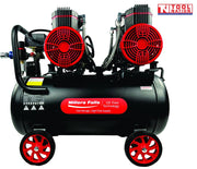 Oil-free air compressor with four pump units, dual pressure gauges, regulator, handle and wheels on a 60 litre tank.