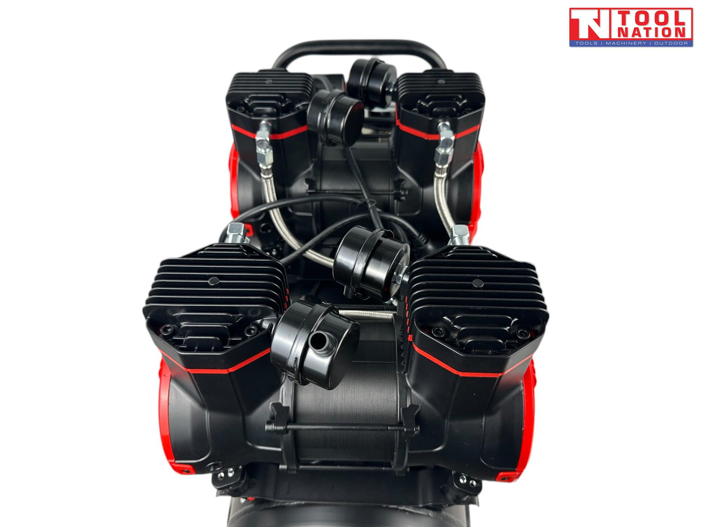 Rear angled view of the oil-free air compressor showing four pump units, dual gauges, handle, wheels and 60 litre tank.