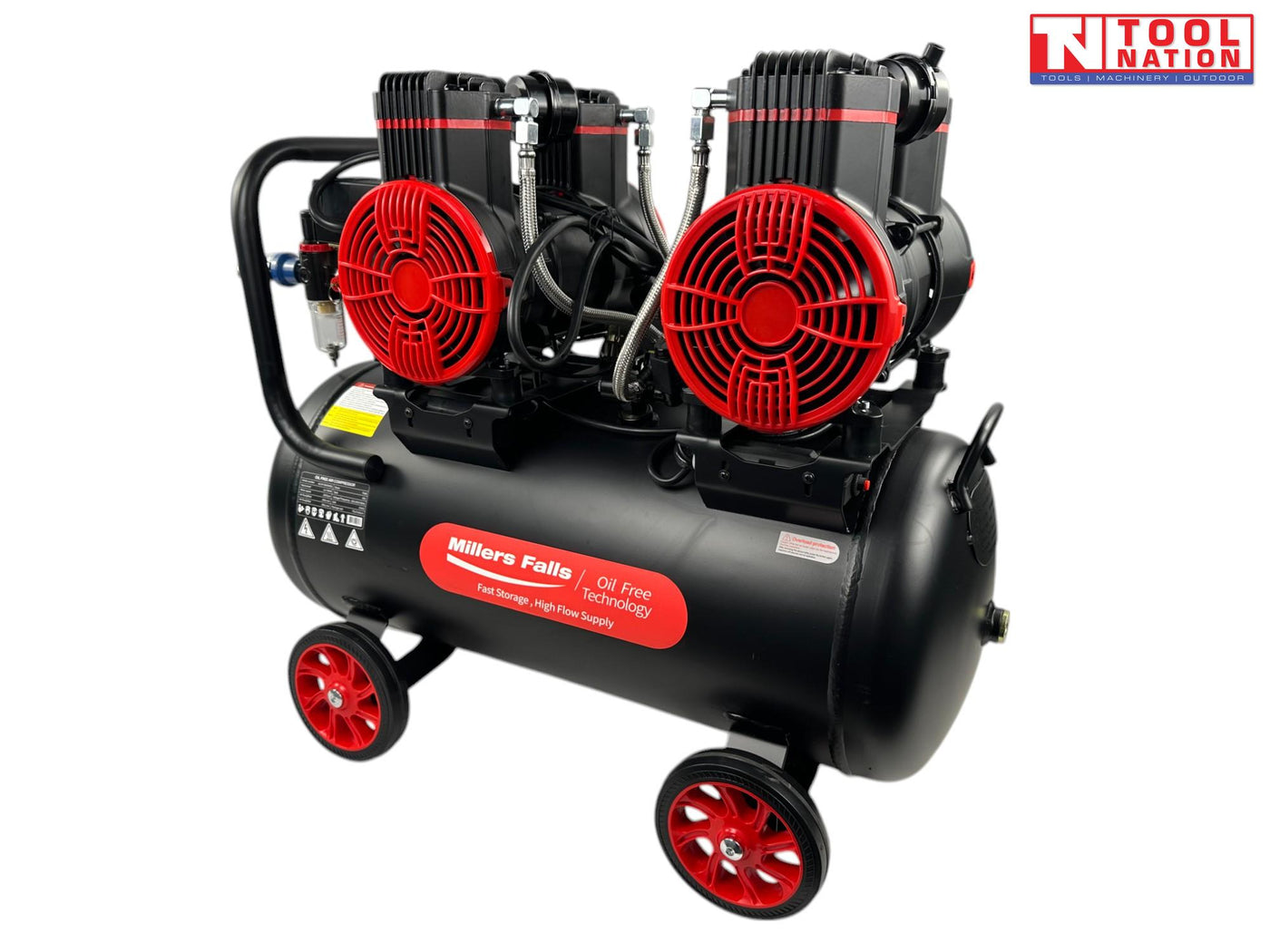 Close-up of the four oil-free pump units mounted on the air compressor.