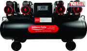 Front view of the ACOF3600W120L oil-free air compressor showing eight pump units, central controller box, black tank, handles and wheels.