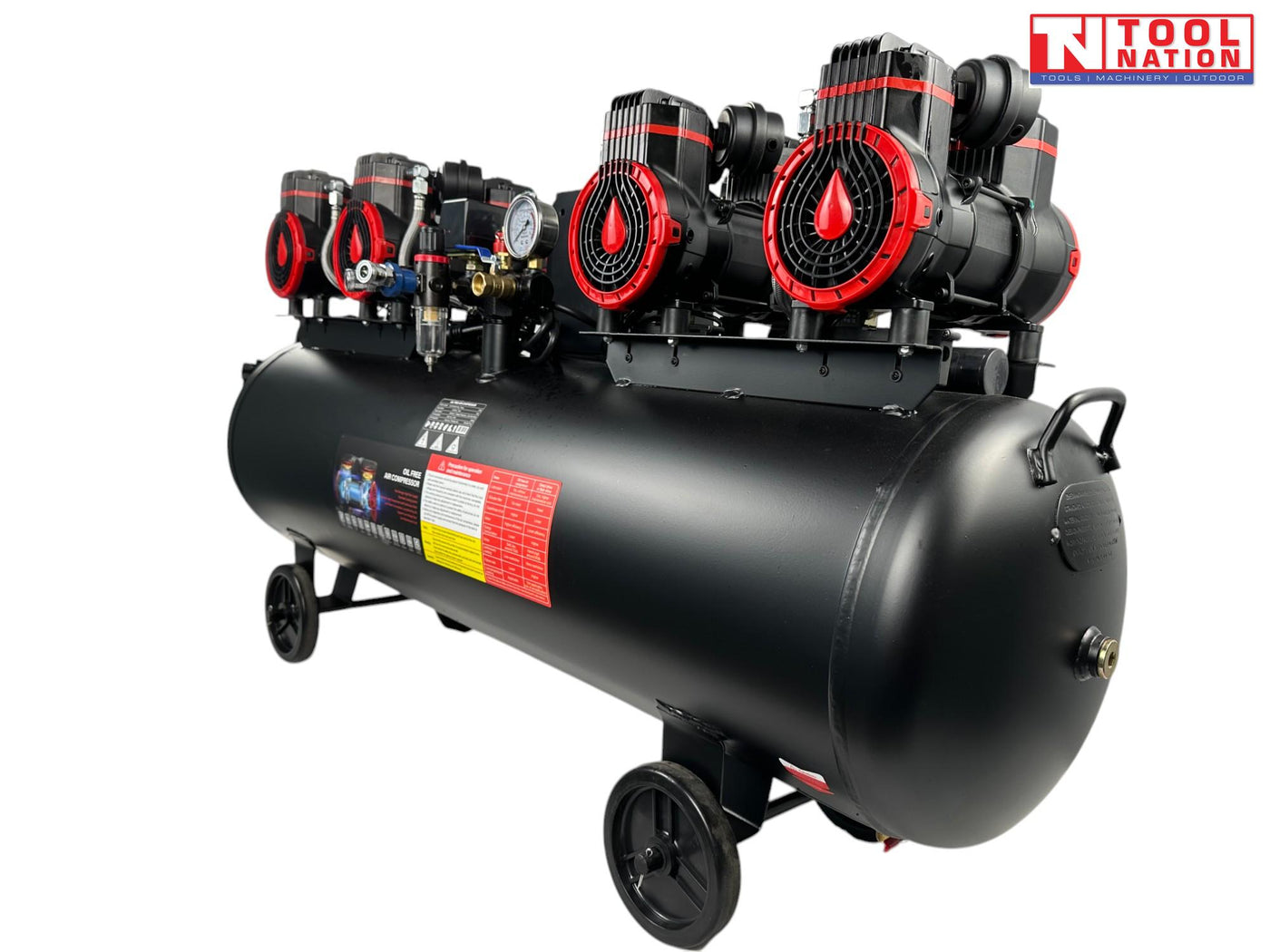 Front three-quarter view of the oil-free air compressor showing eight pump units, regulator assembly, controller box, black tank and wheels.