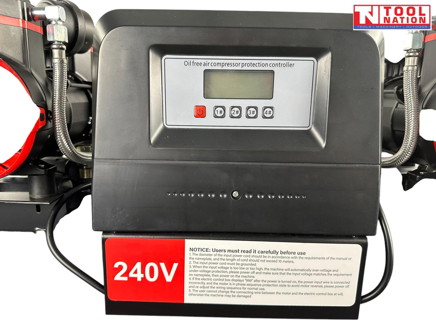 Close-up of the oil-free air compressor protection controller with display, buttons and 240V label.