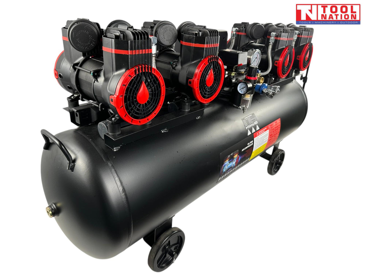 Rear three-quarter view of the oil-free air compressor showing eight pump units, regulator assembly, black tank and wheels.