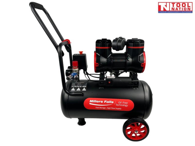 Oil free air compressor with 24L tank front angled view