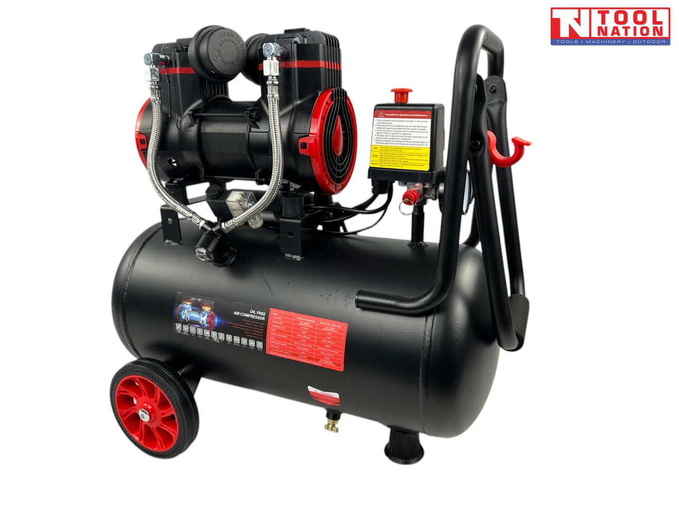 Oil free air compressor with 24L tank rear angled view