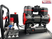 Oil free air compressor control panel and twin outlet couplers close-up