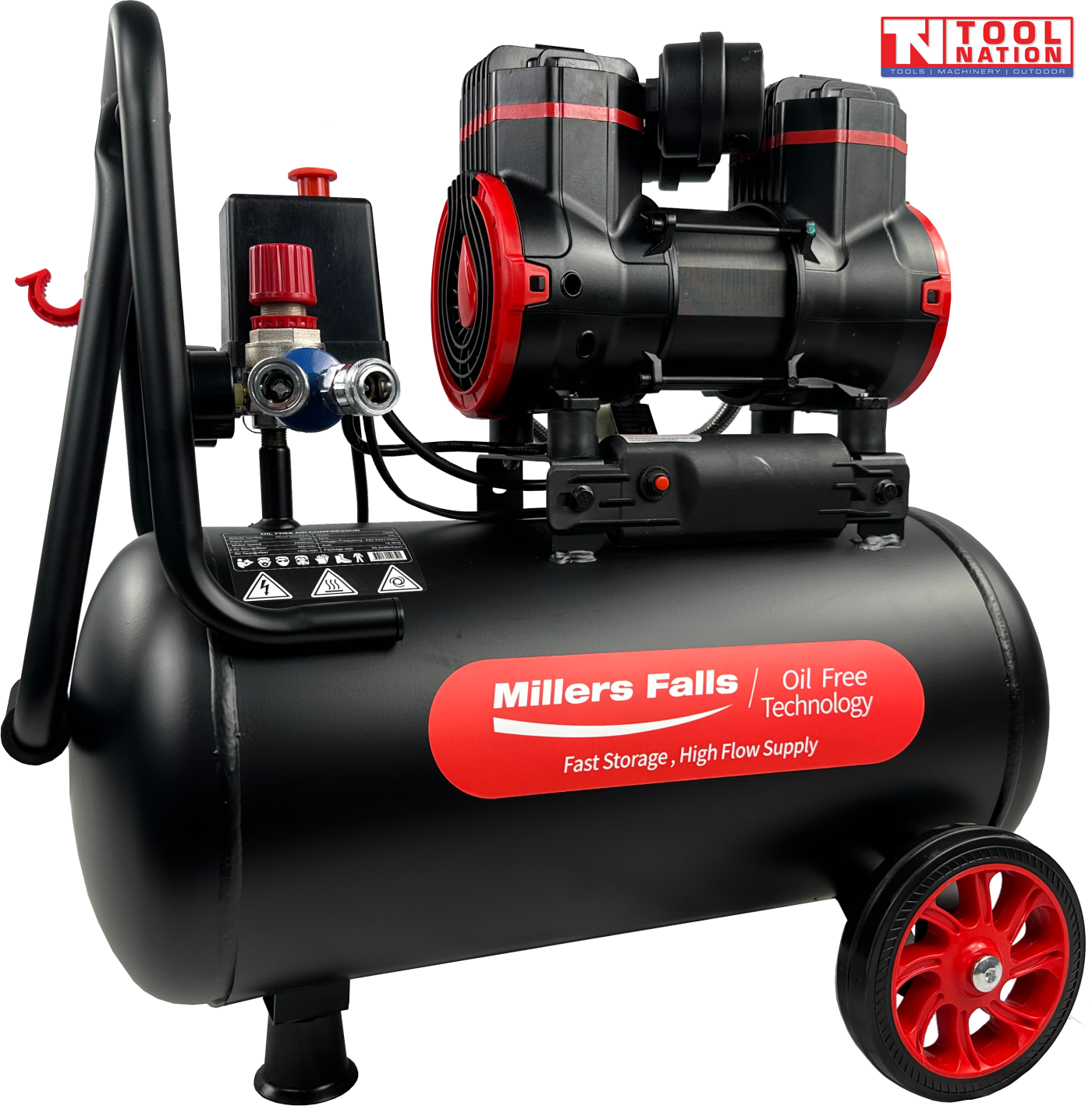 Oil free air compressor with 24L tank front angled cutout image