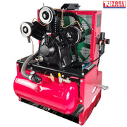 PTO air compressor front angled view with air tank and three cylinder pump