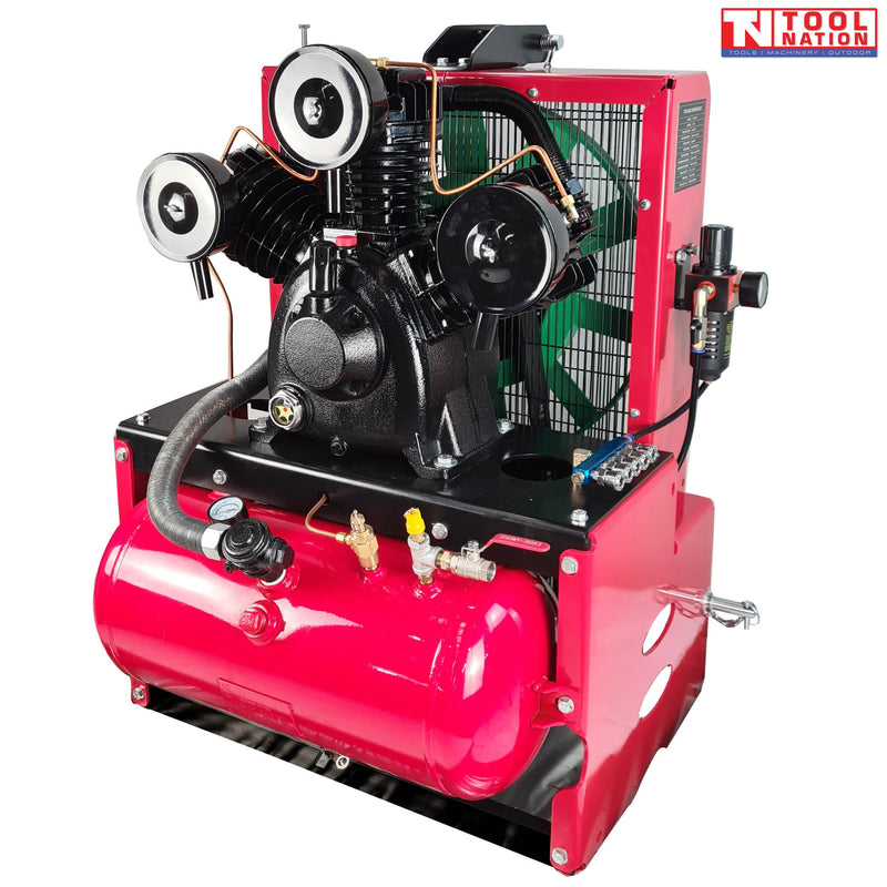 PTO air compressor front angled view with air tank and three cylinder pump