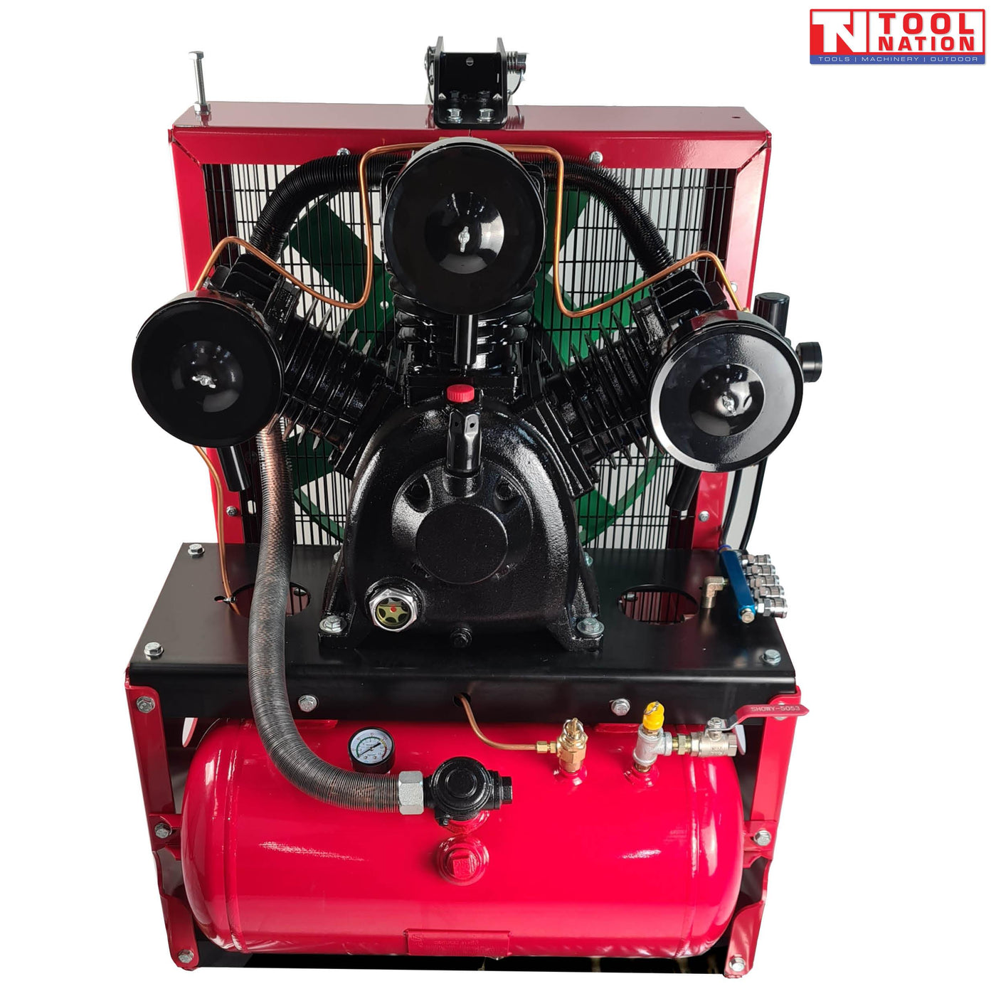 PTO air compressor front view with air tank and three cylinder pump