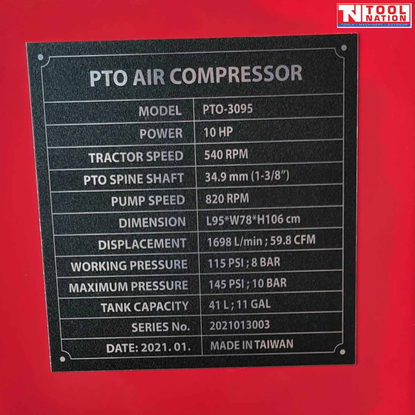 PTO air compressor specification plate close-up