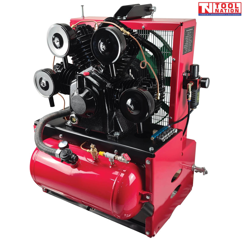 PTO air compressor front angled view with air tank and four cylinder pump