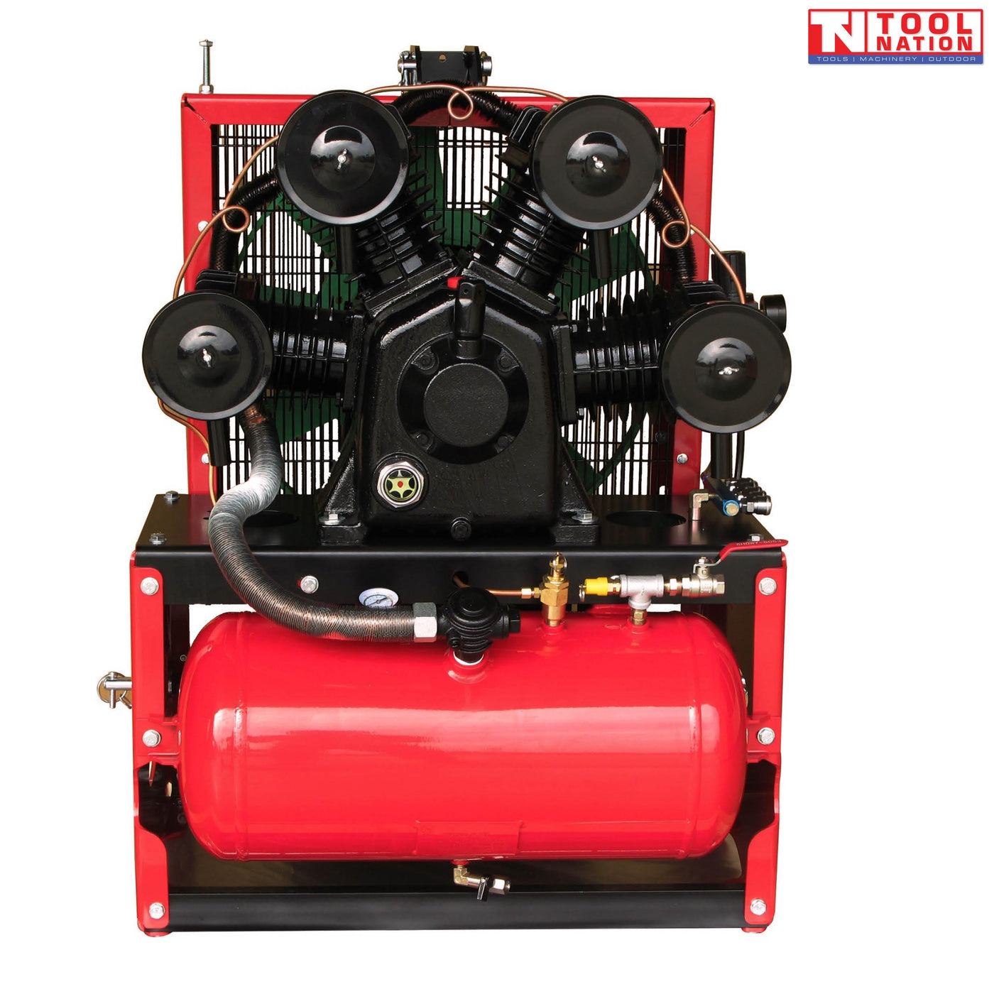 PTO air compressor front view with air tank and four cylinder pump