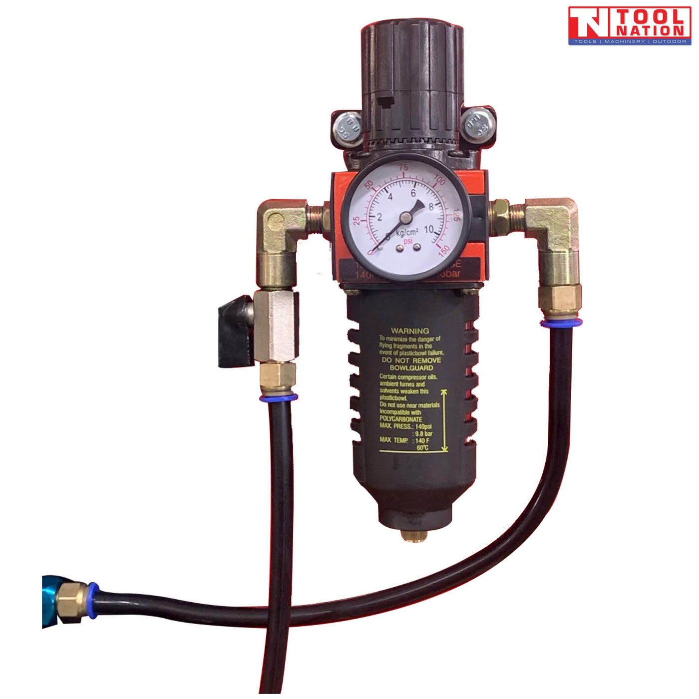 Air compressor pressure regulator and gauge close-up