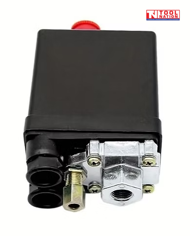 Front view of the ACS1 air compressor pressure switch showing the black housing, silver single-port base and red switch button.