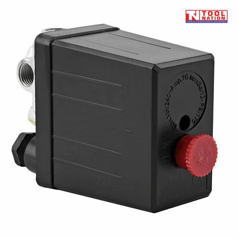 Angled side view of the ACS1 air compressor pressure switch showing the black housing, threaded port, red switch button and pressure adjustment cap.