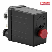 Angled side view of the ACS1 air compressor pressure switch showing the black housing, threaded port, red switch button and pressure adjustment cap.