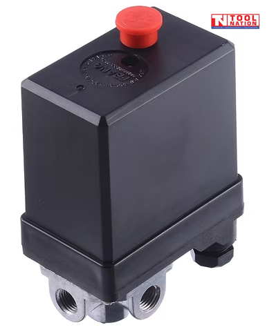 Front angled view of the ACS3 air compressor pressure switch showing the black housing, red switch button and four-port silver base.