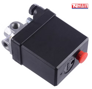 Angled top view of the ACS3 air compressor pressure switch showing the black housing, red switch button, unloader fitting and four-port silver base.