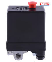 Front view of the ACS3 air compressor pressure switch showing the black housing, red switch button and lower threaded port.