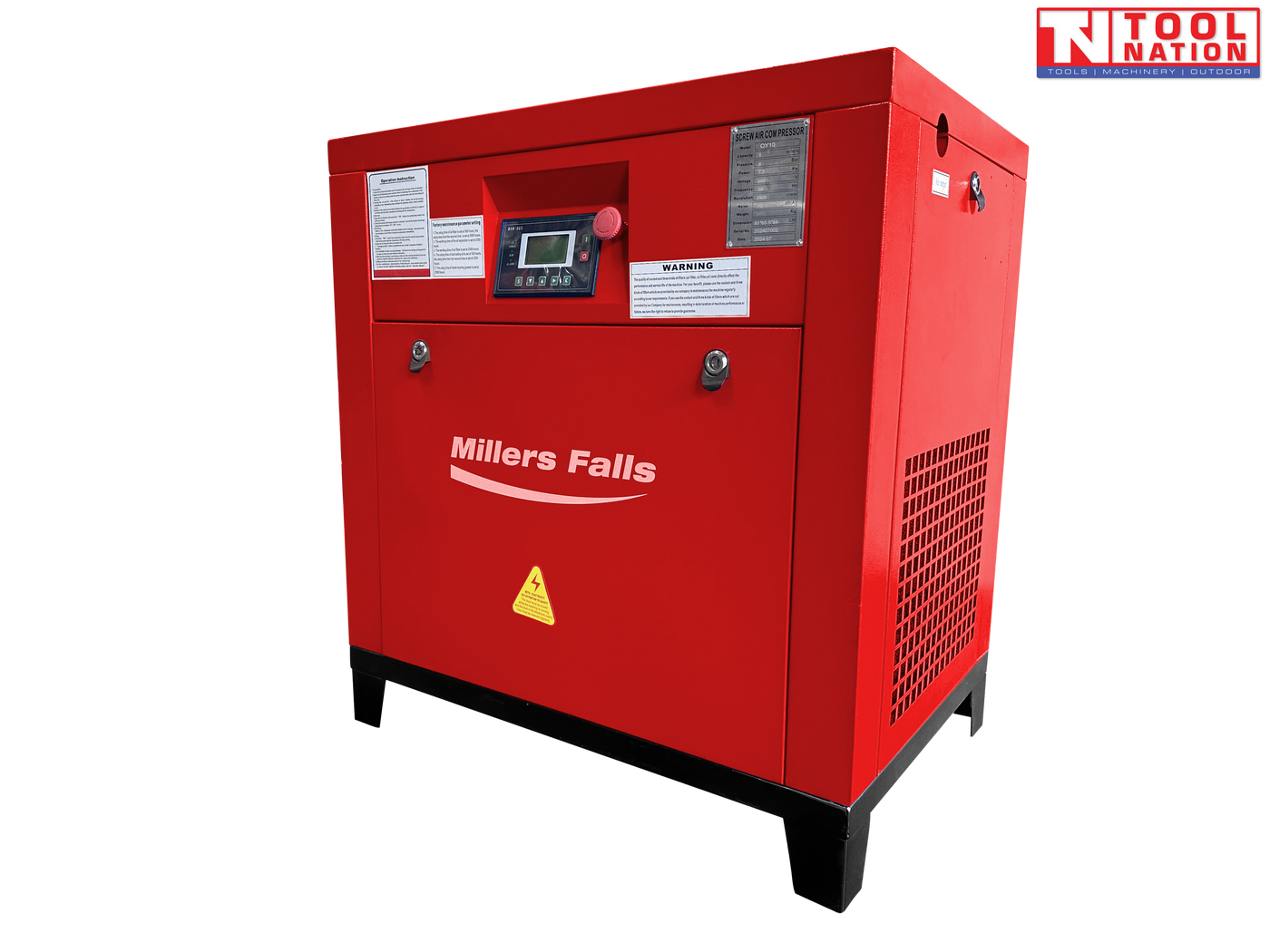 Rotary screw air compressor front angled view with control panel