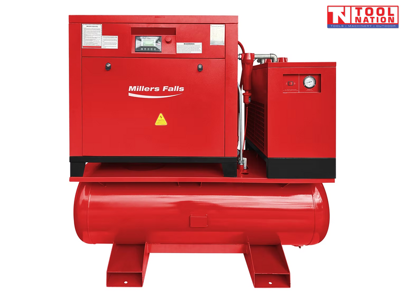 Red air compressor package with tank, cabinet, control panel, pressure gauge, and filters.