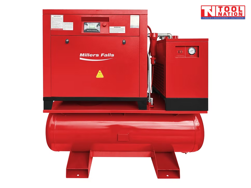 Red air compressor package with tank, cabinet, control panel, pressure gauge, filters, and a logo in the top right corner.